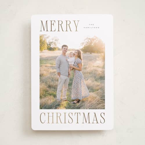 This is a snowflake foil pressed holiday cards with foil pressed by Wildfield Paper Co called alta printing on recycled smooth signature in standard