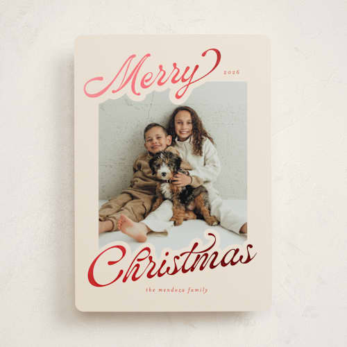 This is a peppermint foil pressed holiday cards with foil pressed by Ashley Iwafuchi called merry cheer printing on recycled smooth signature in standard