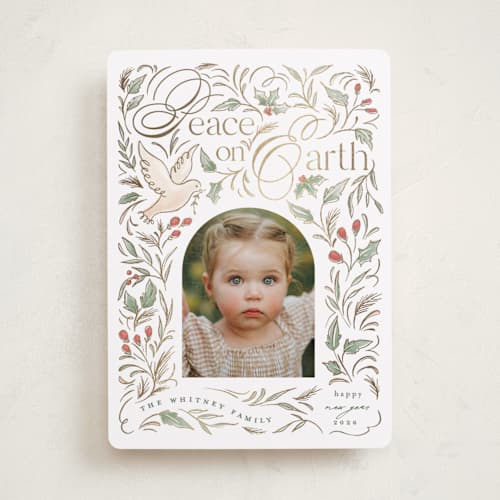 This is a festive foil pressed holiday cards with foil pressed by Makewells called gilded peace printing on recycled smooth signature in standard