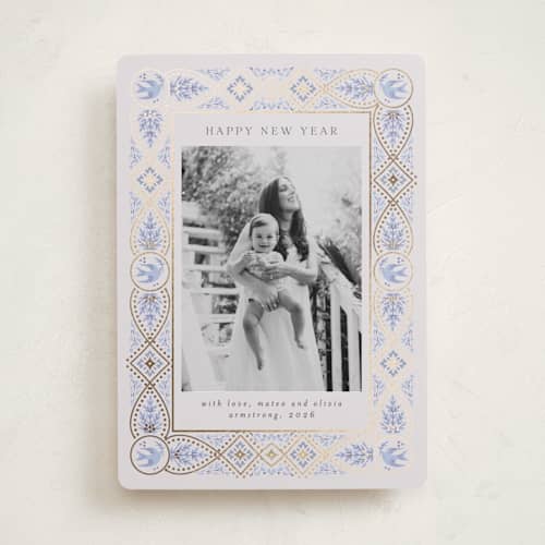 This is a blue spruce foil pressed holiday cards with foil pressed by Ana de Sousa called symbols of faith printing on recycled smooth signature in standard