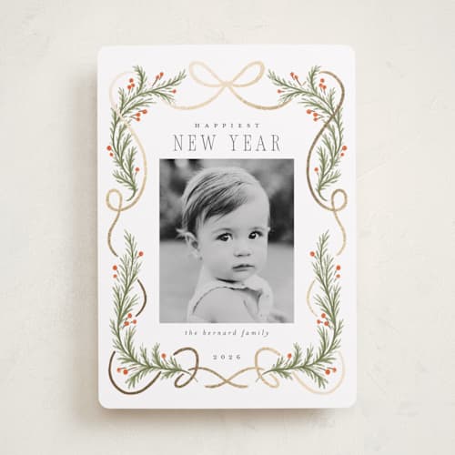 This is a snow foil pressed holiday cards with foil pressed by Laura Hankins called curling ribbon printing on recycled smooth signature in standard