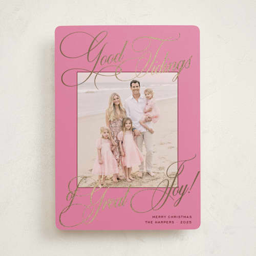 This is a gumdrop foil pressed holiday cards with foil pressed by Megan Davis called praline printing on recycled smooth signature in standard