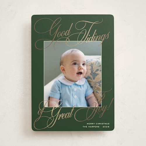 This is a evergreen foil pressed holiday cards with foil pressed by Megan Davis called praline printing on recycled smooth signature in standard
