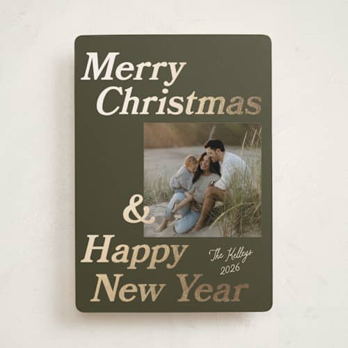 This is a wreath foil pressed holiday cards with foil pressed by Robert and Stella called headliner printing on recycled smooth signature in standard