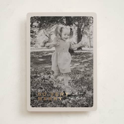 This is a pudding foil pressed holiday cards with foil pressed by Stephanie Heinrich Godbout called so very merry printing on recycled smooth signature in standard