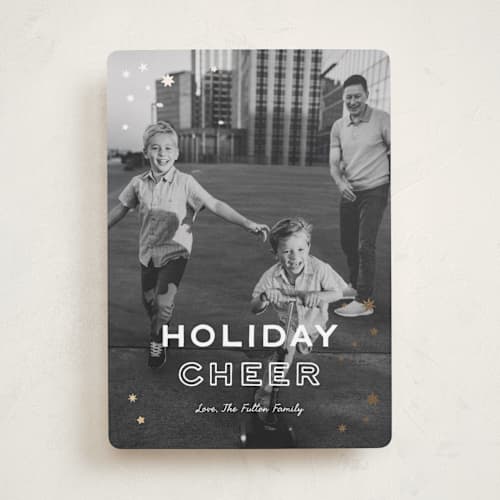 This is a snow foil pressed holiday cards with foil pressed by Leah Bisch called holiday cheer printing on recycled smooth signature in standard