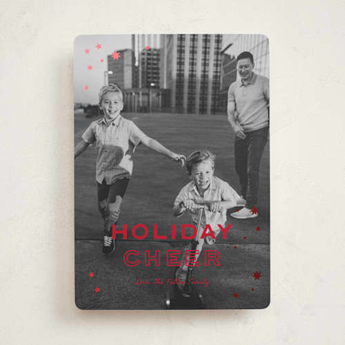 This is a santa suit foil pressed holiday cards with foil pressed by Leah Bisch called holiday cheer printing on recycled smooth signature in standard