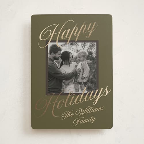 This is a pine foil pressed holiday cards with foil pressed by Robert and Stella called velour printing on recycled smooth signature in standard