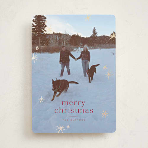 This is a cranberry foil pressed holiday cards with foil pressed by Wildfield Paper Co called twinkle! printing on recycled smooth signature in standard