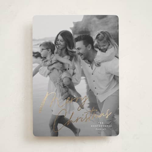 This is a snowflake foil pressed holiday cards with foil pressed by Wildfield Paper Co called signature printing on recycled smooth signature in standard