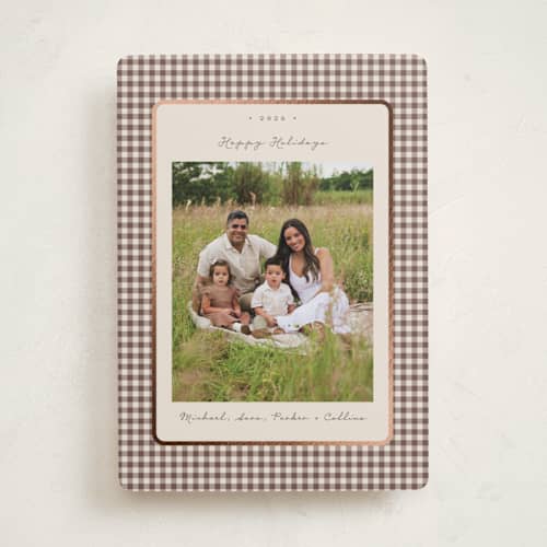 This is a gingerbread latte foil pressed holiday cards with foil pressed by Emily Betts called gingham vintage printing on recycled smooth signature in standard