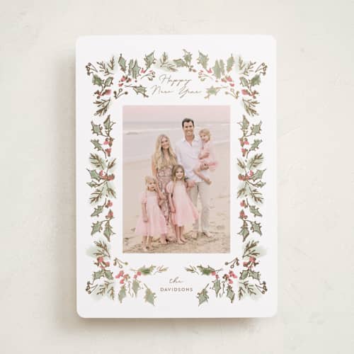 This is a snow foil pressed holiday cards with foil pressed by Rebecca Durflinger called sketched winter botanicals printing on recycled smooth signature in standard