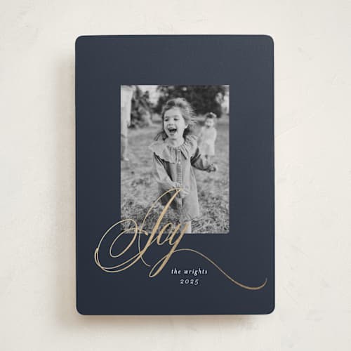 This is a midnight foil pressed holiday cards with foil pressed by Melinda Denison called joy printing on recycled smooth signature in standard