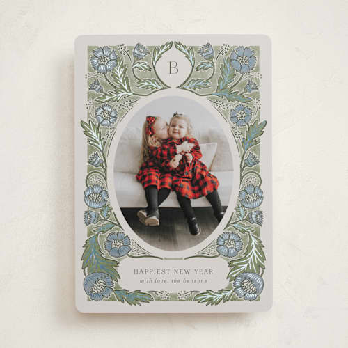 This is a frosty foil pressed holiday cards with foil pressed by Jen Owens called monogram nouveau printing on recycled smooth signature in standard