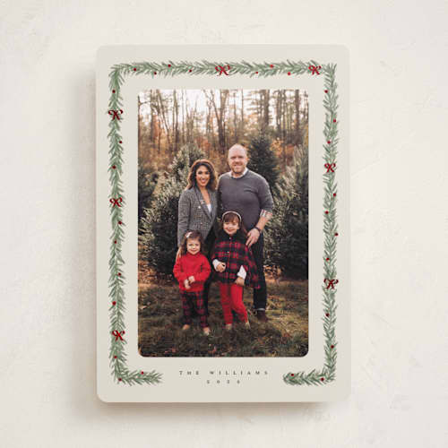 This is a eggnog foil pressed holiday cards with foil pressed by Adelyn T. called pine and bow printing on recycled smooth signature in standard