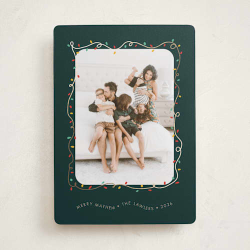 This is a forest foil pressed holiday cards with foil pressed by Holly Whitcomb called crazy lights printing on recycled smooth signature in standard