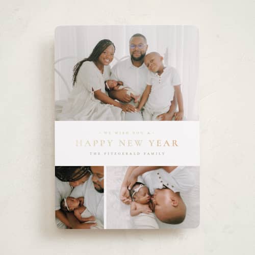 This is a eggnog foil pressed holiday cards with foil pressed by Wildfield Paper Co called quartzite printing on recycled smooth signature in standard