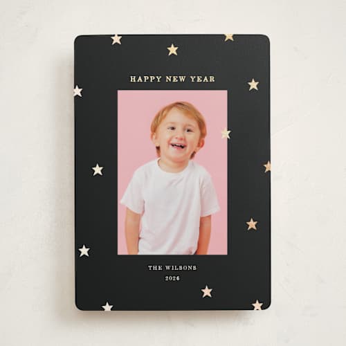 This is a midnight foil pressed holiday cards with foil pressed by Kercia Jane called tiny star confetti printing on recycled smooth signature in standard