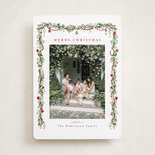 This is a holly berry foil pressed holiday cards with foil pressed by Susan Moyal called pine garland printing on recycled smooth signature in standard