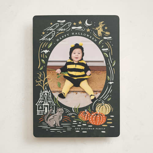 This is a chalkboard halloween party invitations cards with standard by Morgan Ramberg called spooky frame printing on recycled smooth signature in standard