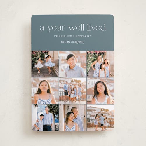 This is a spruce new year photo cards with standard by Shari Margolin called annual review printing on recycled smooth signature in standard