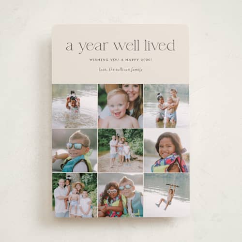 This is a eggnog new year photo cards with standard by Shari Margolin called annual review printing on recycled smooth signature in standard