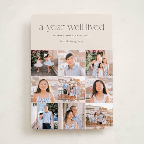 This is a eggnog new year photo cards with standard by Shari Margolin called annual review printing on recycled smooth signature in standard