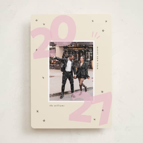 This is a blush new year photo cards with standard by Ashley Iwafuchi called bold beginning printing on recycled smooth signature in standard