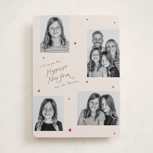 This is a champagne new year photo cards with standard by Ilene Guy called starry year printing on recycled smooth signature in standard
