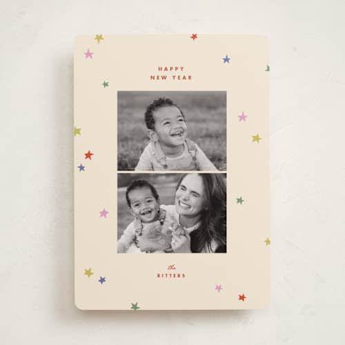 This is a cherry new year photo cards with standard by Ellen Schlegelmilch called starshine printing on recycled smooth signature in standard