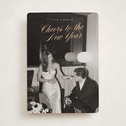 This is a apricot new year photo cards with standard by Ekko Studio called classy cheer printing on recycled smooth signature in standard
