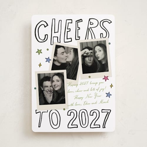 This is a charcoal new year photo cards with standard by Ashlee Townsend called scrap cheers printing on recycled smooth signature in standard