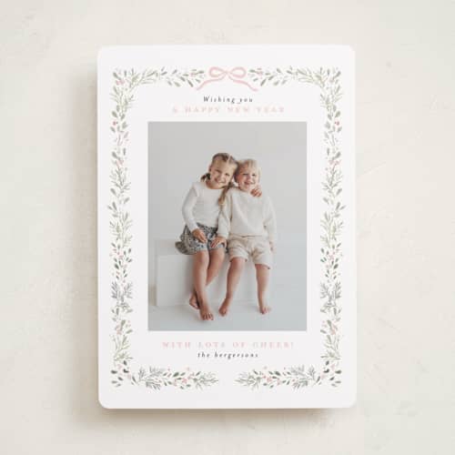This is a blush new year photo cards with standard by Itsy Belle Studio called bountiful boughs printing on recycled smooth signature in standard