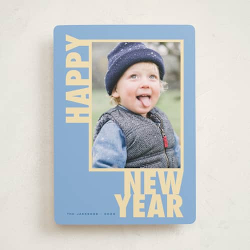 This is a blue jay new year photo cards with standard by Creo Study called greetings frame printing on recycled smooth signature in standard