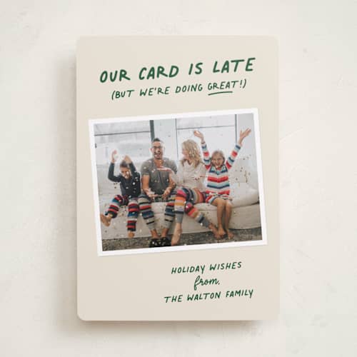 This is a pine new year photo cards with standard by Louise Kay called late but great printing on recycled smooth signature in standard