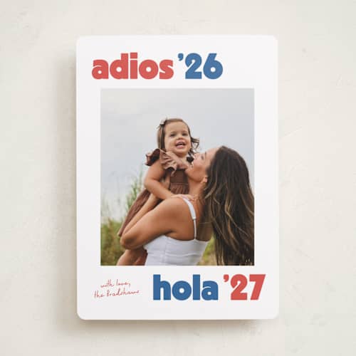 This is a azure new year photo cards with standard by Megan Davis called adios printing on recycled smooth signature in standard
