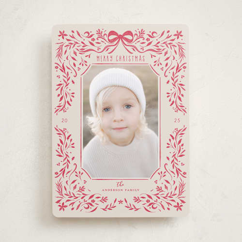 This is a poinsettia holiday photo cards with standard by Anne Ciotola called one red bow printing on recycled smooth signature in standard