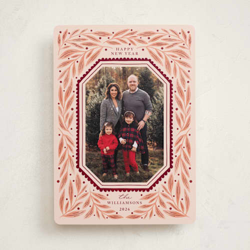 This is a cranberry holiday photo cards with standard by Kristen Magee called botanical scallop frame printing on recycled smooth signature in standard