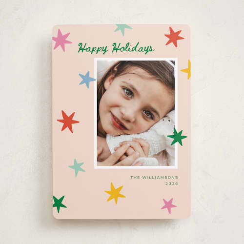 This is a pink sky holiday photo cards with standard by Kristen Magee called star pop printing on recycled smooth signature in standard