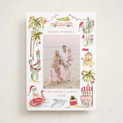 This is a coral holiday photo cards with standard by Sarah Knight called warmest wishes printing on recycled smooth signature in standard