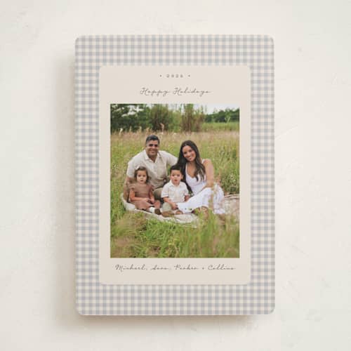 This is a ash holiday photo cards with standard by Emily Betts called gingham vintage printing on recycled smooth signature in standard