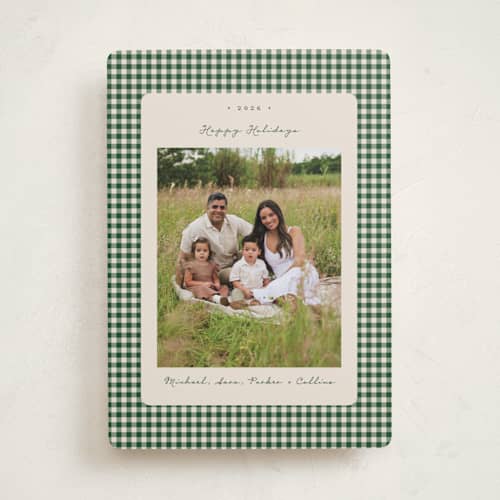 This is a fir holiday photo cards with standard by Emily Betts called gingham vintage printing on recycled smooth signature in standard