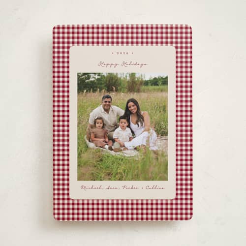 This is a cranberry holiday photo cards with standard by Emily Betts called gingham vintage printing on recycled smooth signature in standard