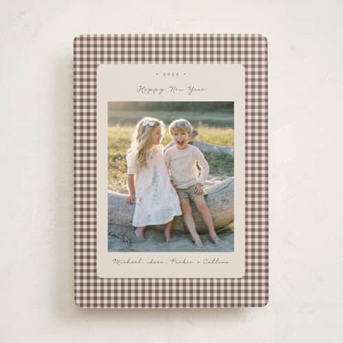This is a gingerbread latte holiday photo cards with standard by Emily Betts called gingham vintage printing on recycled smooth signature in standard