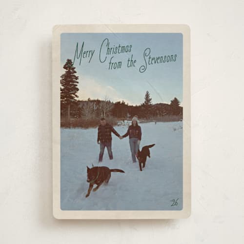 This is a pine needle holiday photo cards with standard by Jenna Holcomb called vintage mail printing on recycled smooth signature in standard