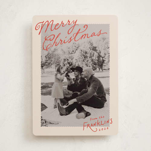 This is a santa suit holiday photo cards with standard by Everett Paper Goods called icing printing on recycled smooth signature in standard