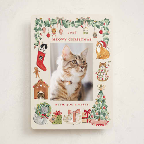 This is a vintage holiday photo cards with standard by Sarah Knight called meowy christmas printing on recycled smooth signature in standard