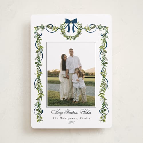 This is a winter berry holiday photo cards with standard by Susan Moyal called bows & ribbon printing on recycled smooth signature in standard