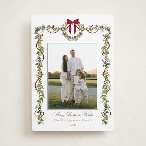 This is a sugar plum holiday photo cards with standard by Susan Moyal called bows & ribbon printing on recycled smooth signature in standard