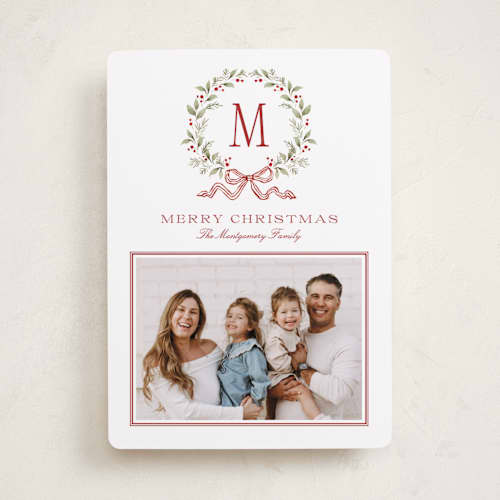 This is a cranberry holiday photo cards with standard by Wildfield Paper Co called holly berry monogram printing on recycled smooth signature in standard